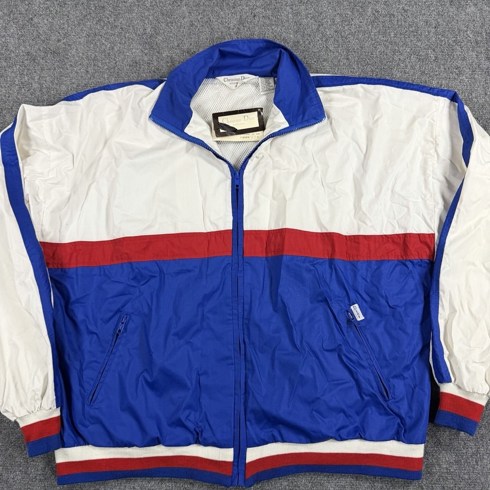 Vintage Christian Dior Jacket Mens XL White Blue Red Lined Zip Flaws NEW